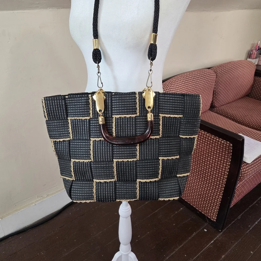 Bartucci Made in Italy Woven‎ Black Gold Tote Bag Rope Strap Top Handle